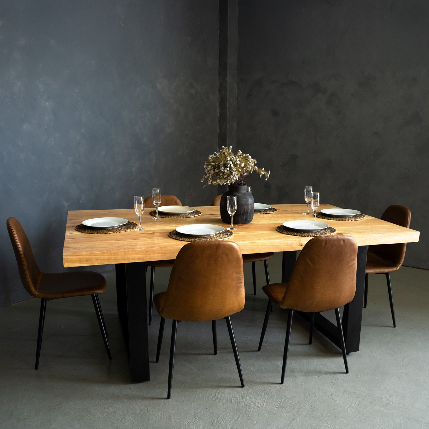 Live Edge Cottonwood Dining Table with Full Leather Bucket Chairs
