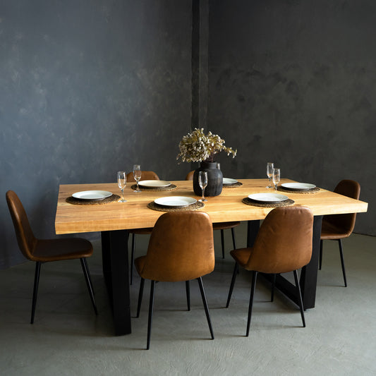 Live Edge Cottonwood Dining Table with Full Leather Bucket Chairs