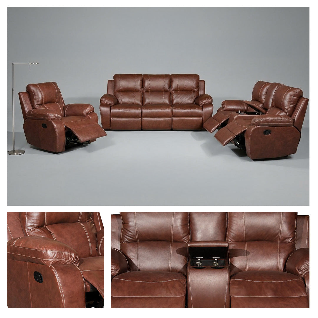 Three Action Full Leather Tobacco Recliner Set - 3 Seater Fixed, 2 Seater 2 Action, 1 Seater 1 Action - Ouhout