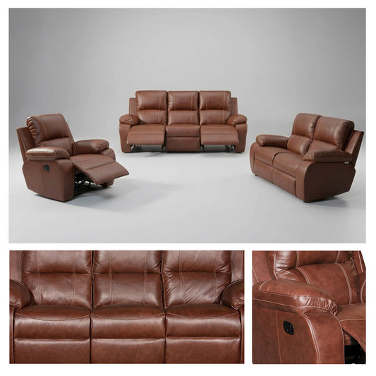Three Action Full Leather Tobacco Recliner Set - 3 Seater 2 Action, 2 Seater Fixed, 1 Seater 1 Action