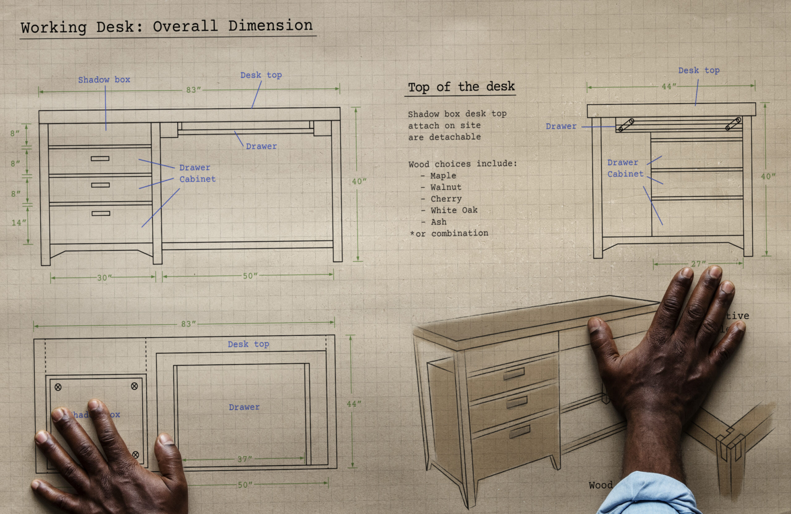 Aerial view of carpenter craftsman with furniture sketch plan